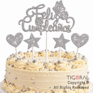 CAKE TOPPER FELIZ CUMPLEA�OS CON ESTRELLAS Y CORAZONES GIBRE PLATA